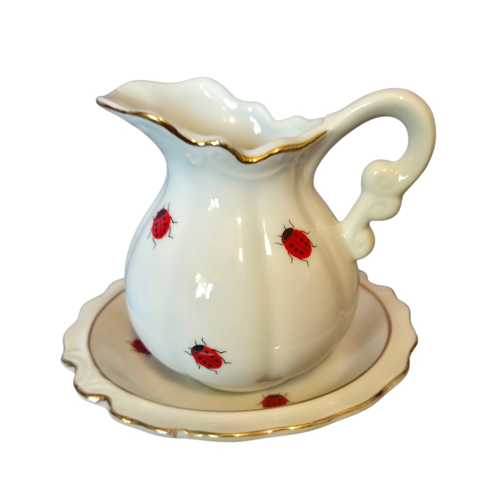 Vintage I.W. Rice and Co. Inc. Ladybug Porcelain Creamer With Saucer